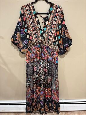 Multicolor balloon sleeve bohemian maxi dress